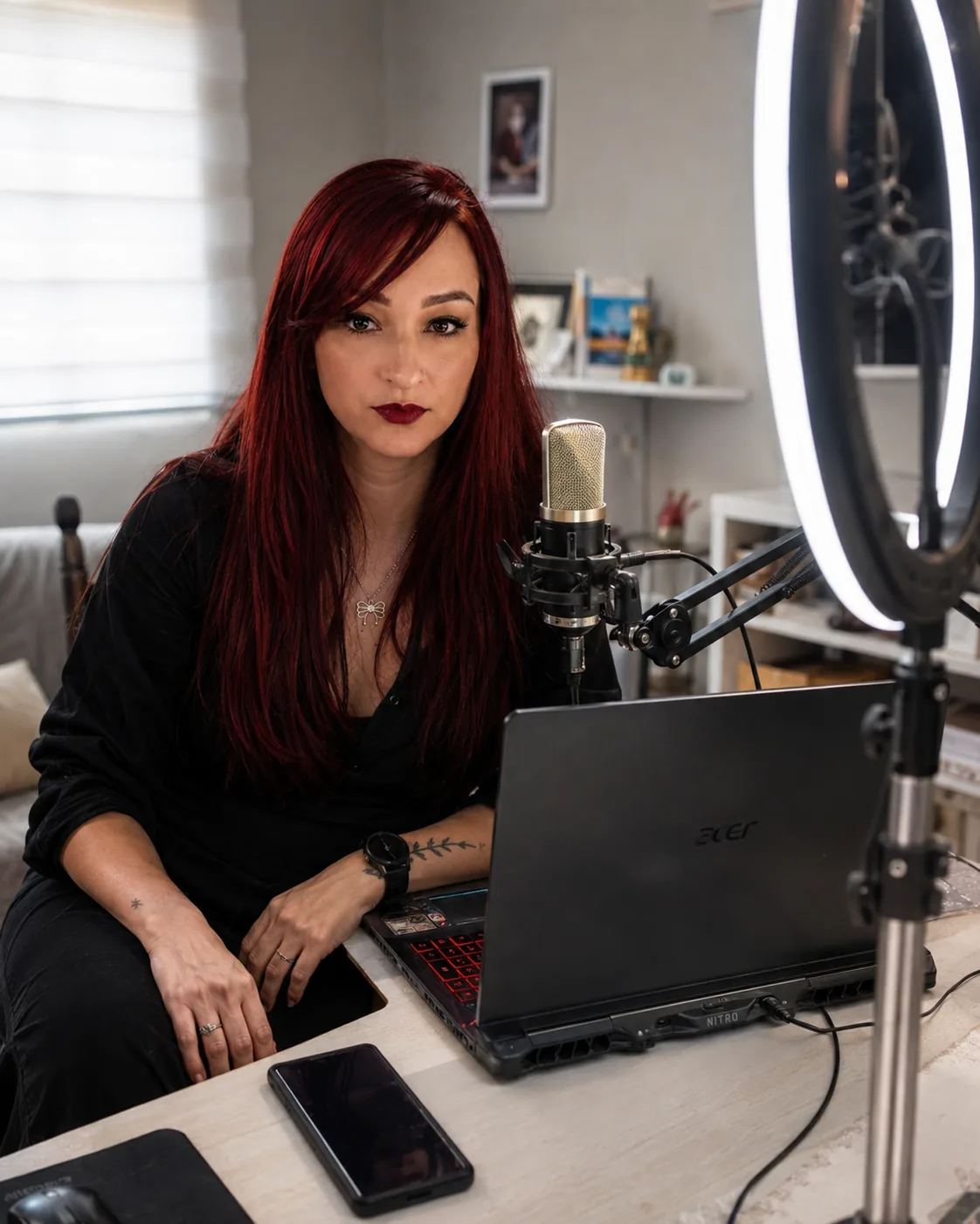 Julia Castelo em um ambiente de gravação, diante do microfone e do notebook